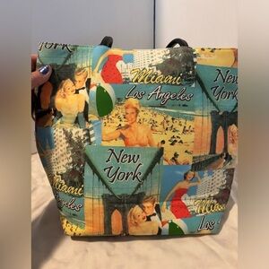 NWT Cloth Shoulder Bag Purse Beaded New York Miami Los Angeles Travel Theme